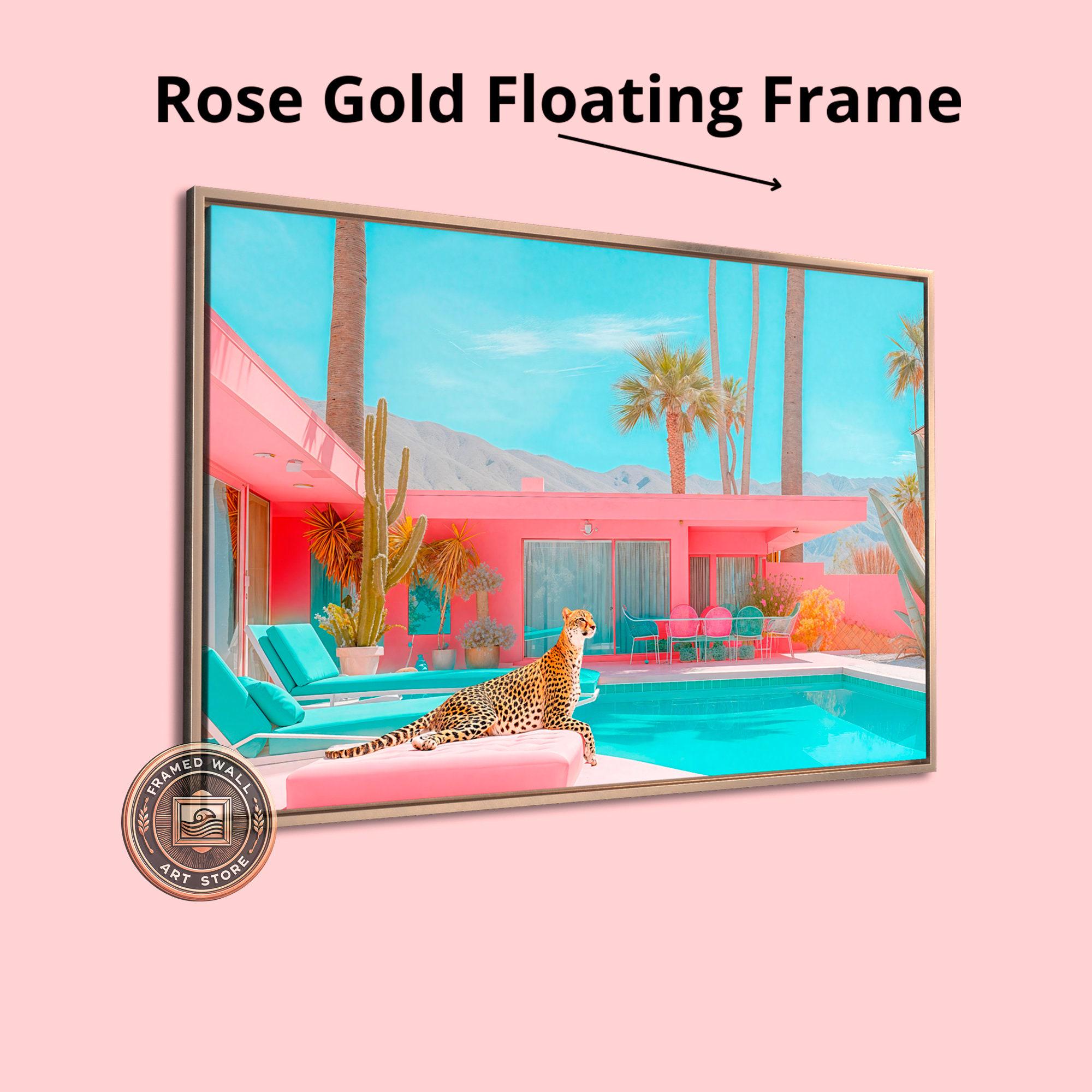 Cheetah by the Pool Framed Canvas Wall Art Palm Springs Pink House Print Mid Century Modern Wall Decor Large Chic Retro Poster Ready to Hang