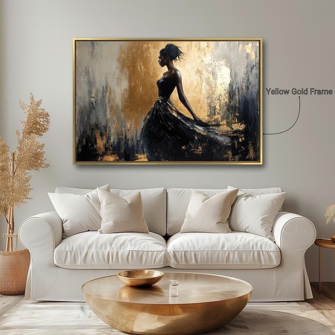 Elegant Black Woman in Dress Framed Canvas Wall Art Abstract Fashion ...