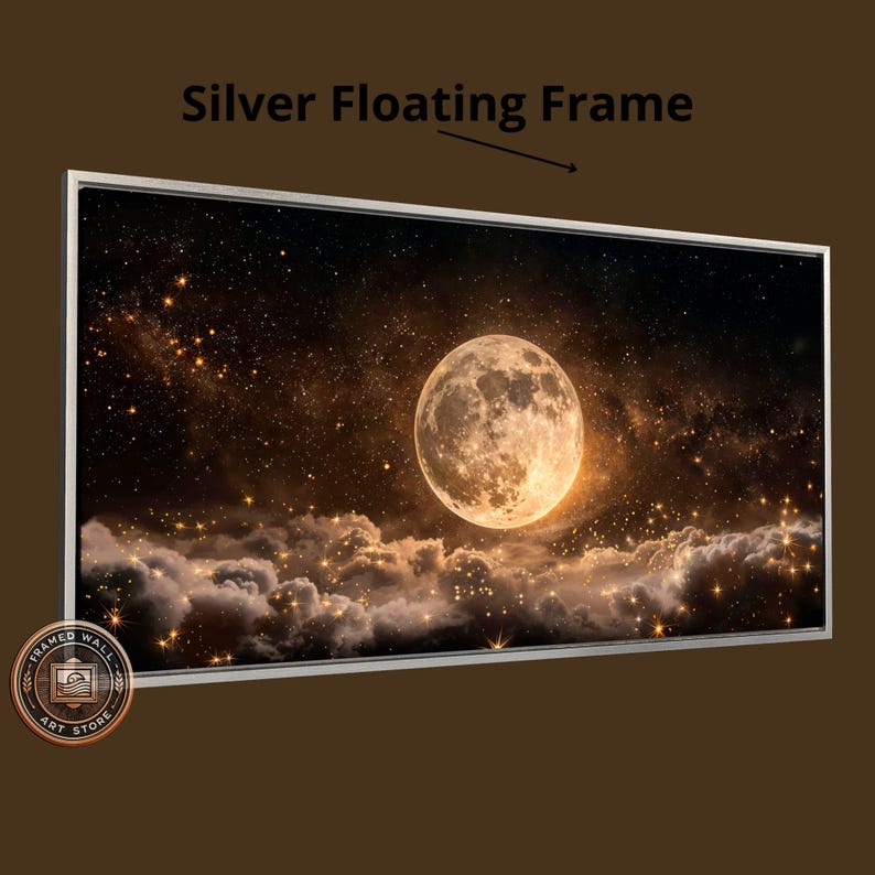 Luna llena en cielo estrellado nocturno, lienzo enmarcado, arte de pared, impresión enmarcada grande celestial, decoración de pared espacial, nubes oscuras, obra de arte ancha lista para colgar Silver Frame