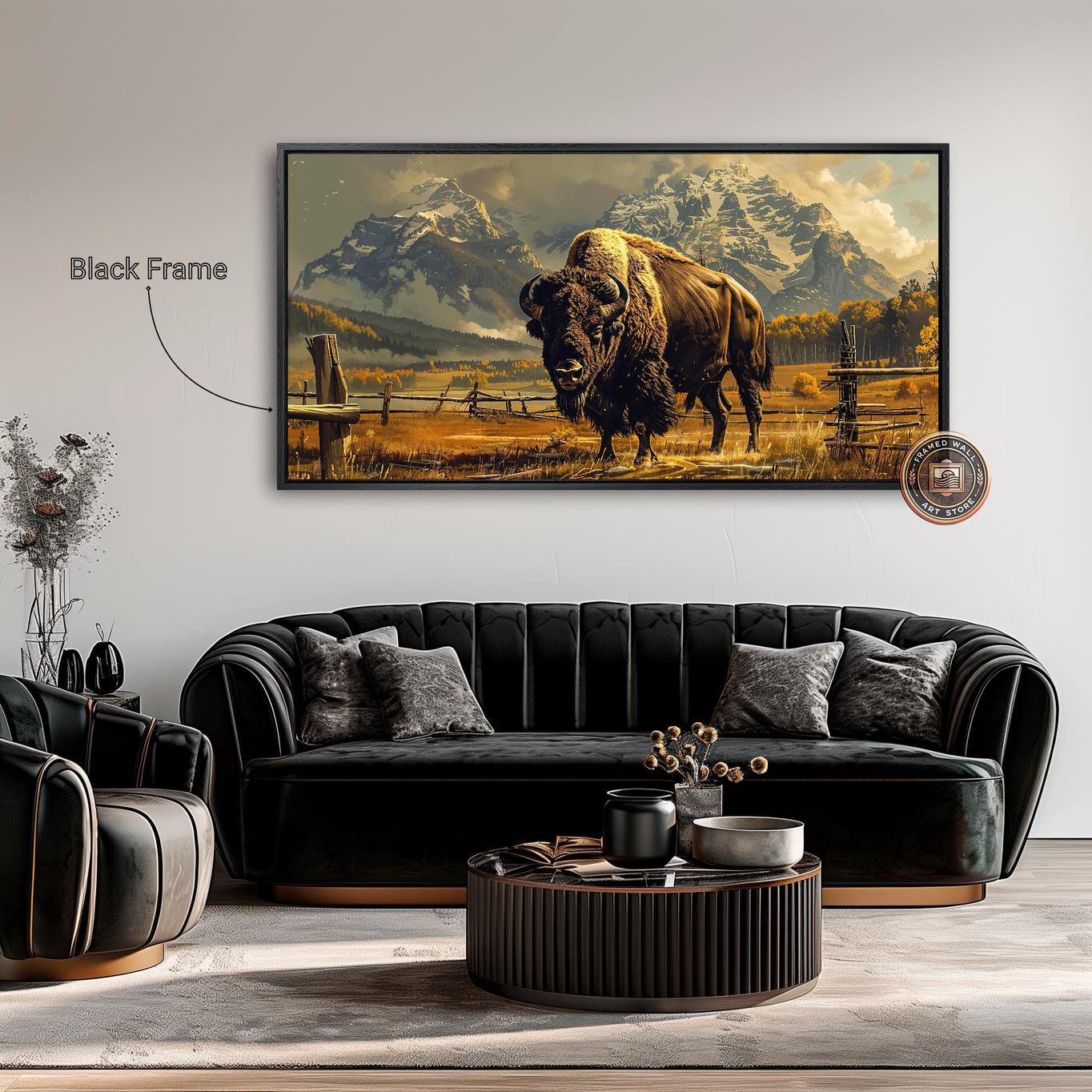 Bison Grazing in Fields Framed Canvas Print Snowy Mountains Landscape ...