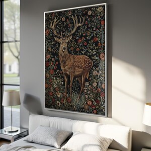 Majestic Stag in Stunning Flowers - Framed Canvas Print, Bohemian Floral Canvas Wall Art, Elegant Deer - Wildlife Wall Decor, Ready to Hang Silver Frame
