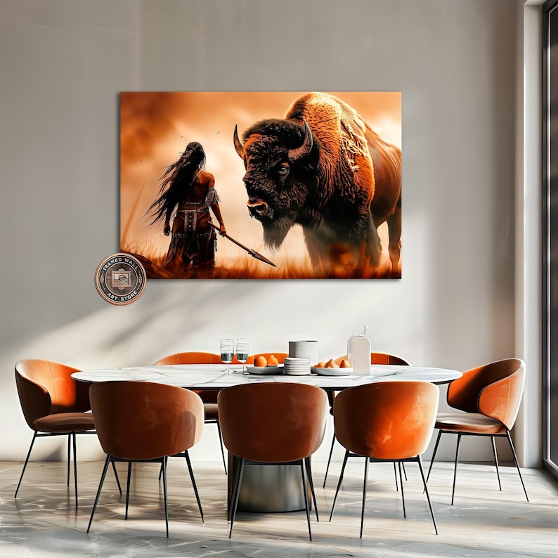 Powerful Warrior and Buffalo Framed Canvas Wall Art Native American Art Print Inspirational Wall Decor Bison Large Poster Ready to Hang Gift Gallery Wrap 1 Panel