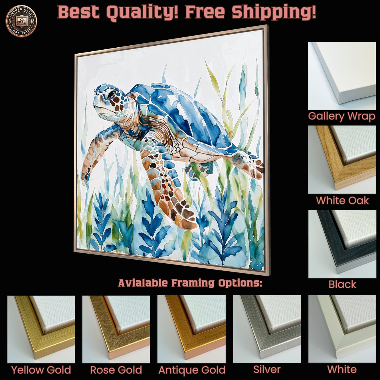 Vibrant Sea Turtle Framed Canvas Print Marine Life Canvas Wall Art ...