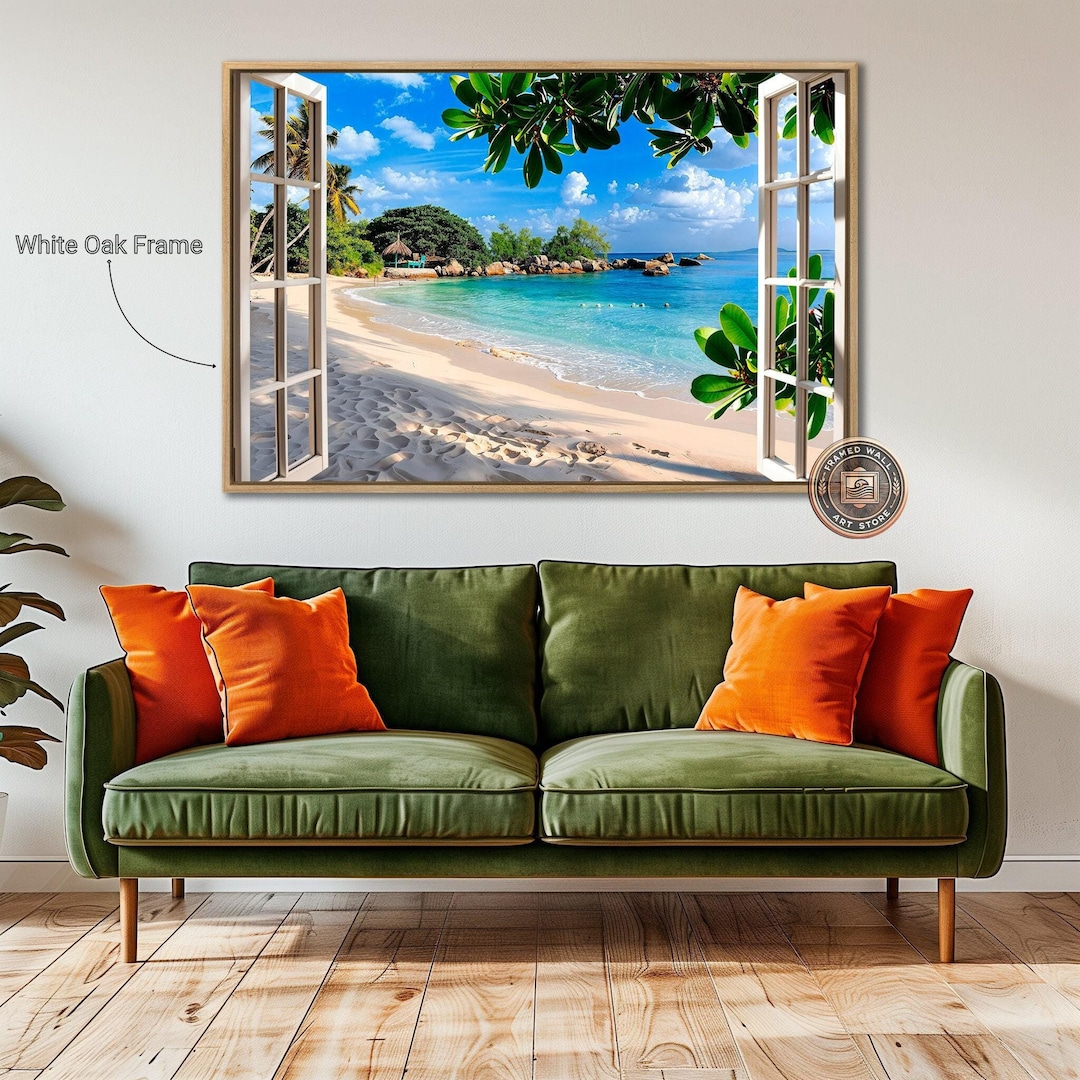 Tropical Beach Window View Framed Canvas Wall Art Paradise Coastal ...