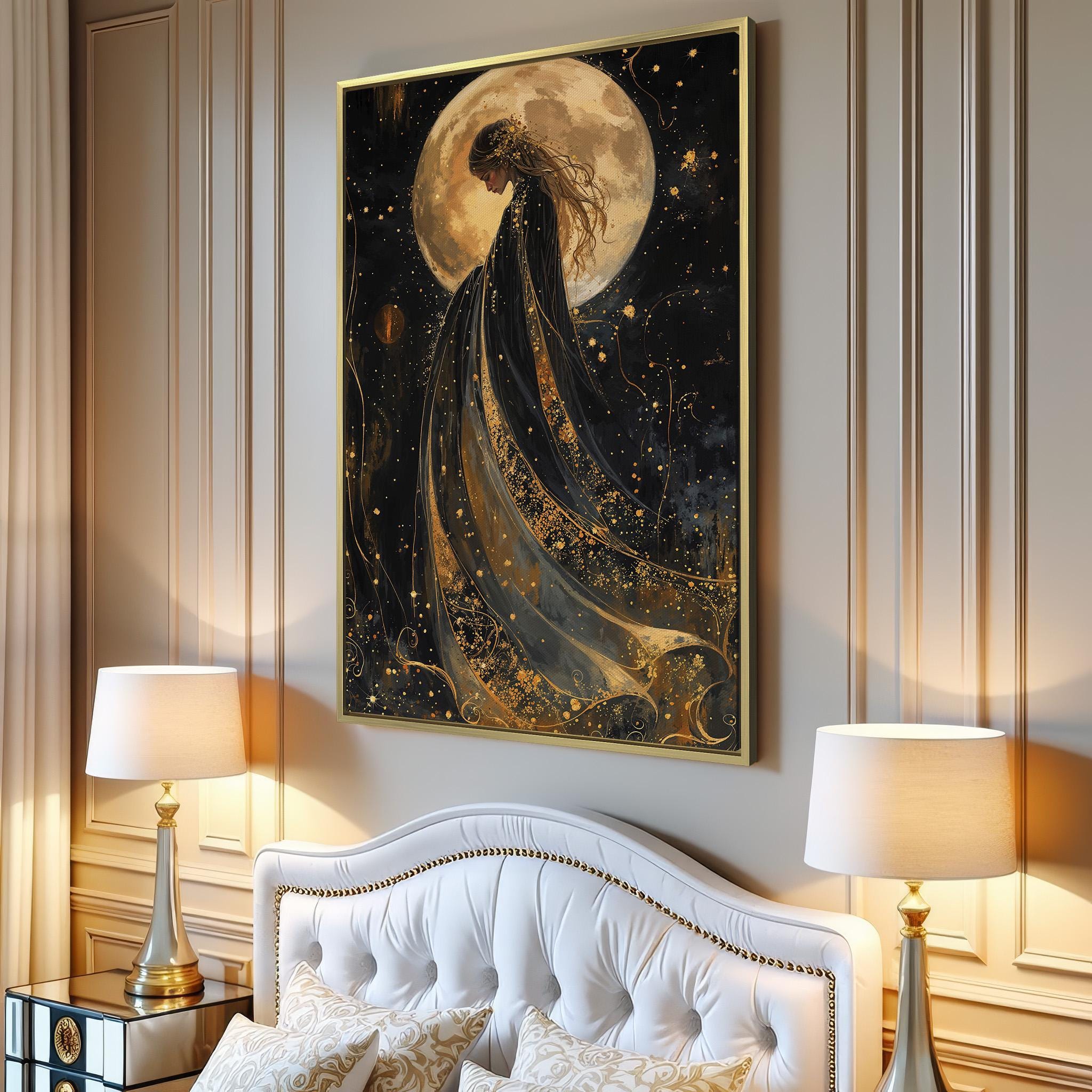 Mystical Woman Goddess With Full Moon - Starry Night Framed Canvas ...