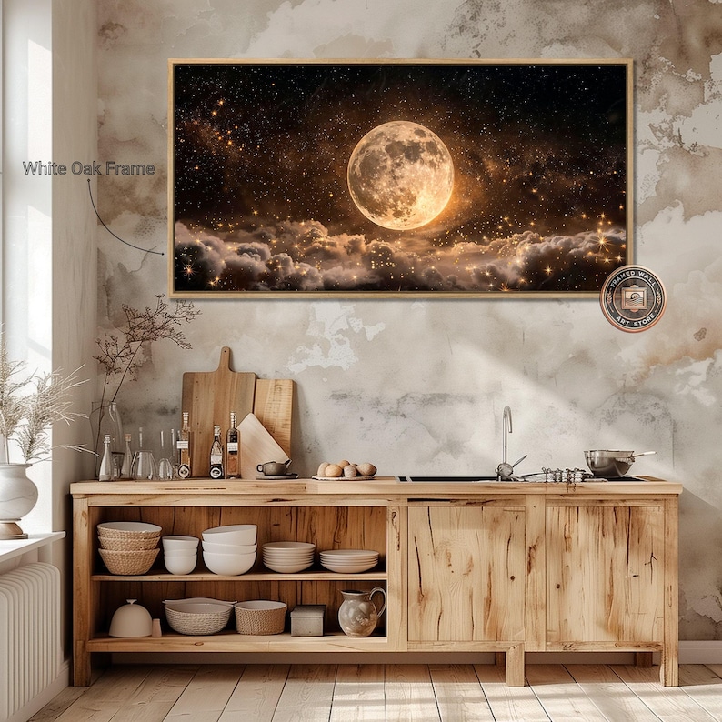 Luna llena en cielo estrellado nocturno, lienzo enmarcado, arte de pared, impresión enmarcada grande celestial, decoración de pared espacial, nubes oscuras, obra de arte ancha lista para colgar White Oak Frame
