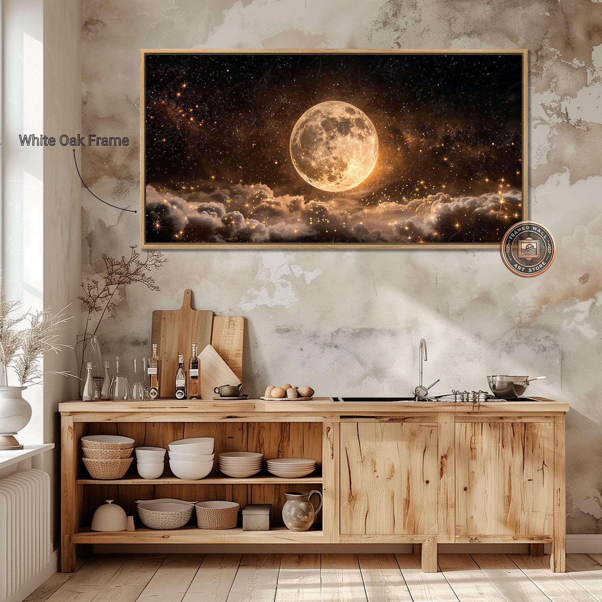 Full Moon in Starry Night Sky Framed Canvas Wall Art Celestial Large ...