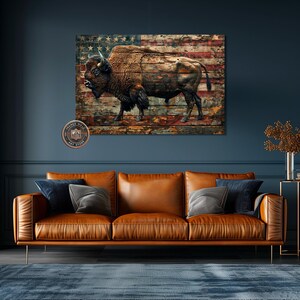 American Bison in Rustic Style Framed Canvas Wall Art Patriotic ...