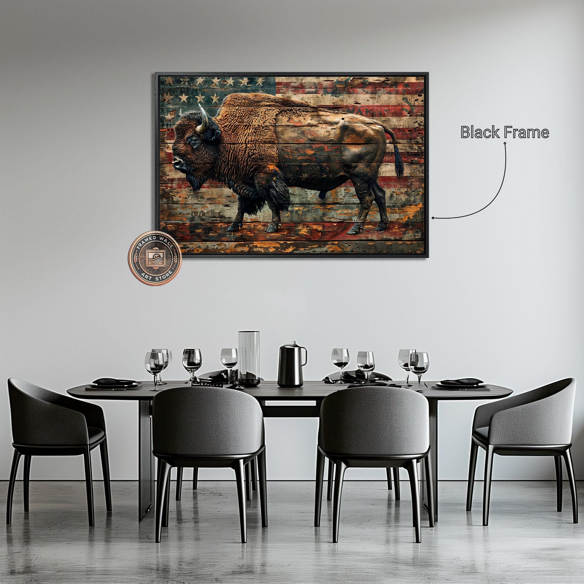 American Bison in Rustic Style Framed Canvas Wall Art Patriotic ...