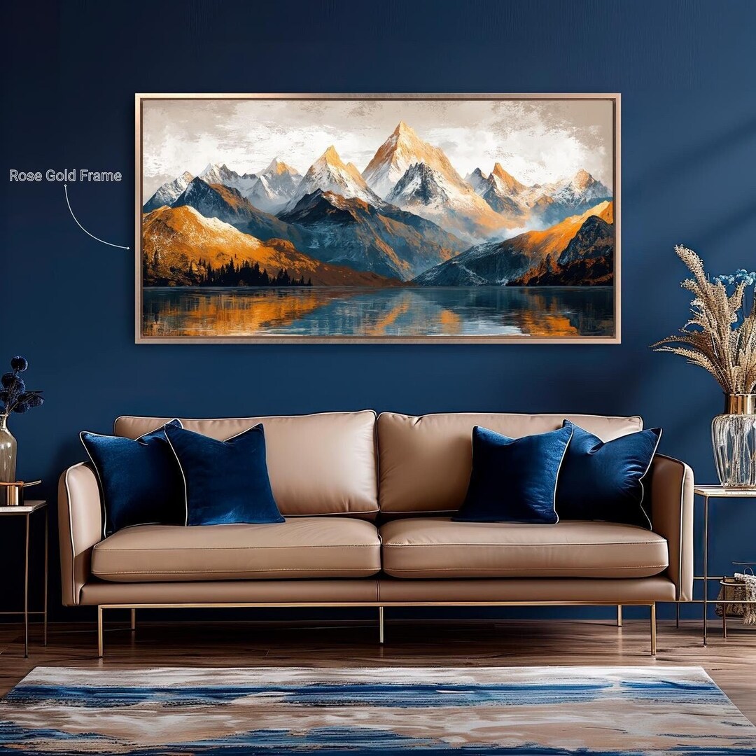 Mountain Lake and Snow Capped Peaks Framed Canvas Wall Art Nature ...