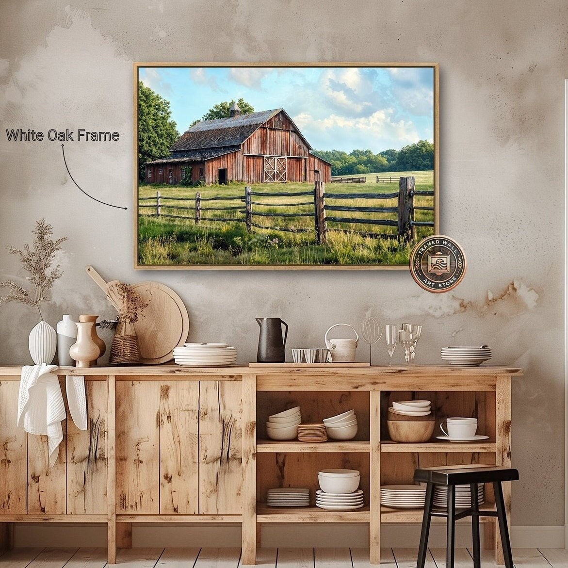 Old Building Farm behind the Fence Framed Canvas Painting Print Panoramic Rural Landscape Wall Art Rustic Barn Countryside Ready to Hang