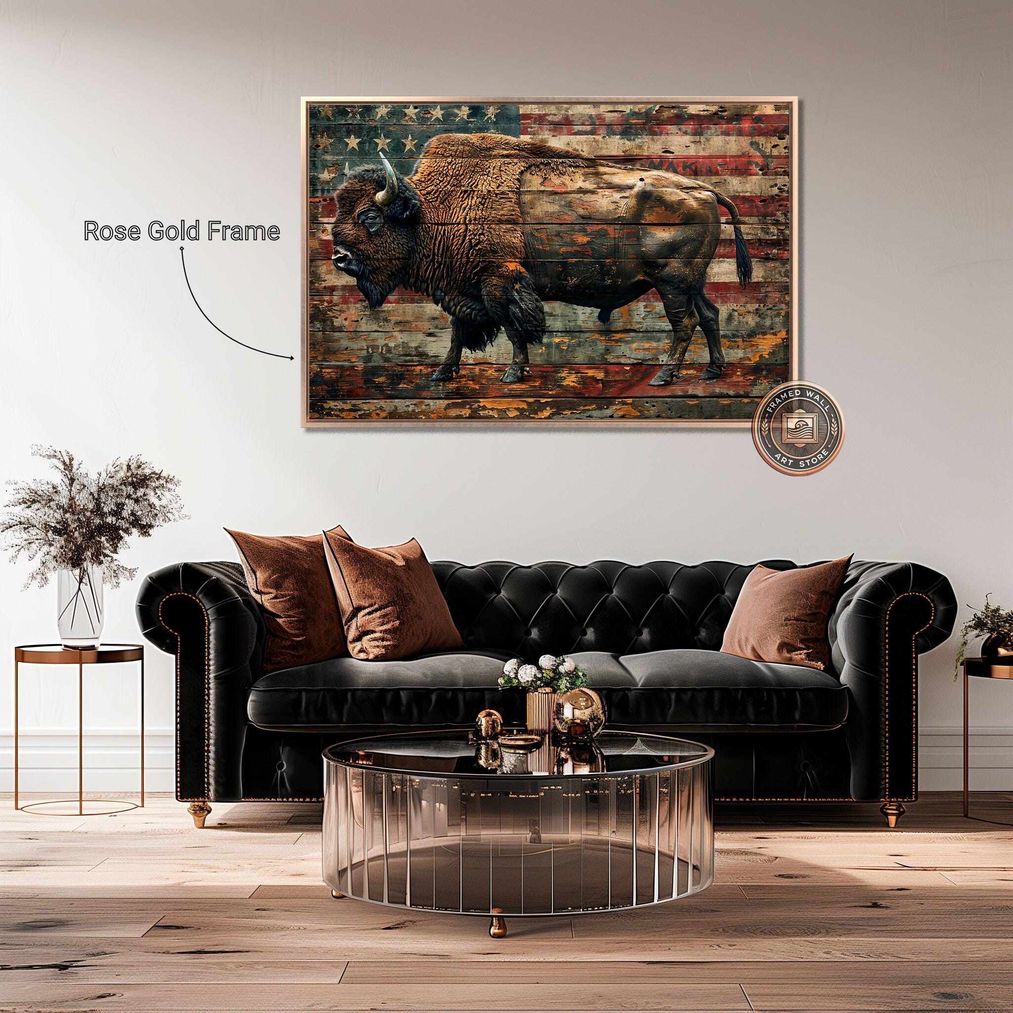 American Bison in Rustic Style Framed Canvas Wall Art Patriotic ...