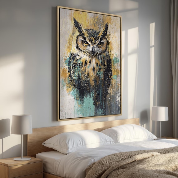 Wise Owl - Vibrant Animal Art Framed Canvas Print, Stunning Owl Painting Print - Bird of Prey Canvas, Modern Wildlife Decor, Ready to Hang