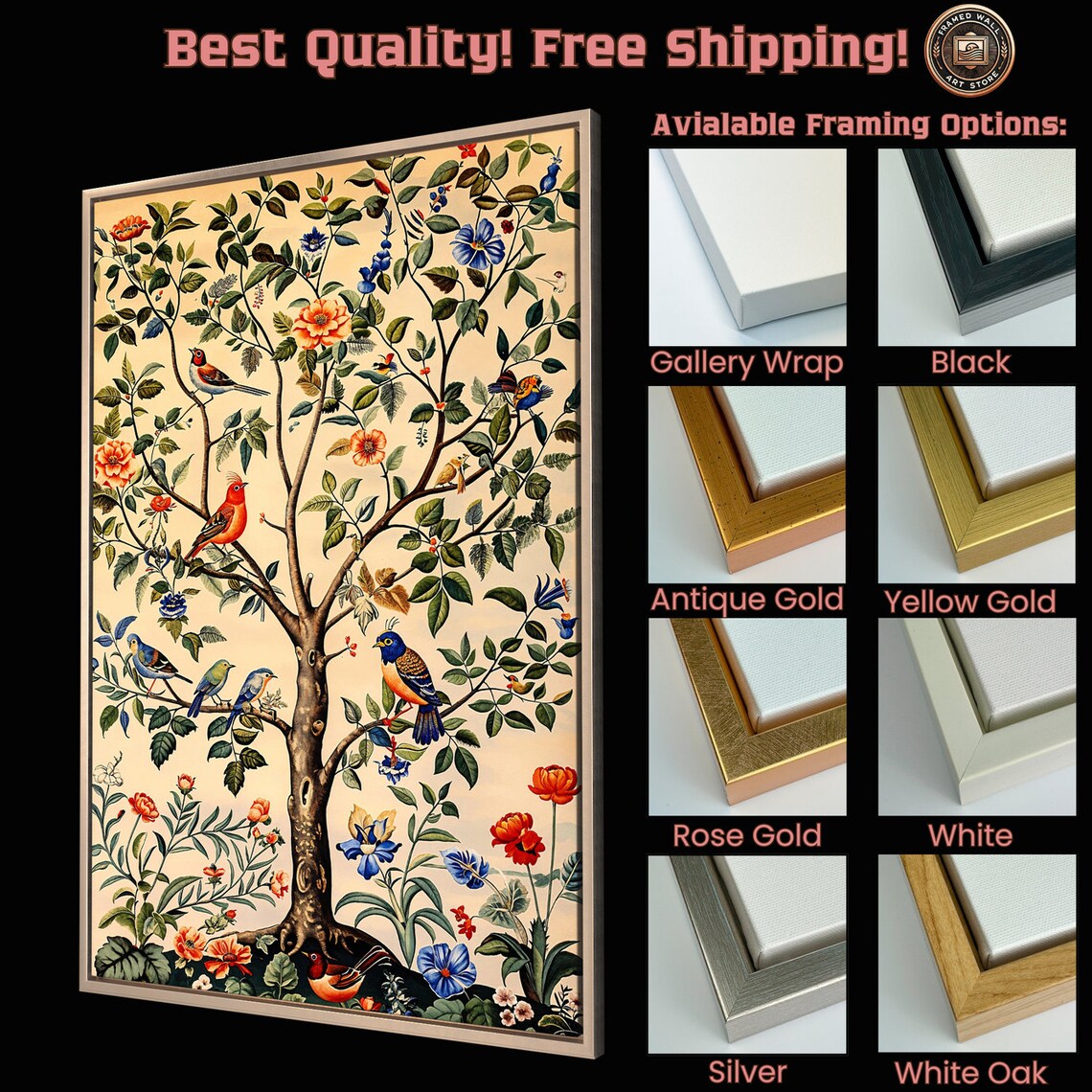 Colorful Songbirds Framed Canvas Wall Art Tree of Life Painting Print