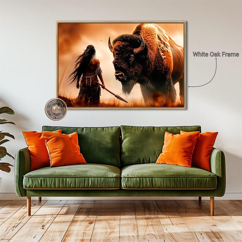 Powerful Warrior and Buffalo Framed Canvas Wall Art Native American Art Print Inspirational Wall Decor Bison Large Poster Ready to Hang Gift White Oak Frame