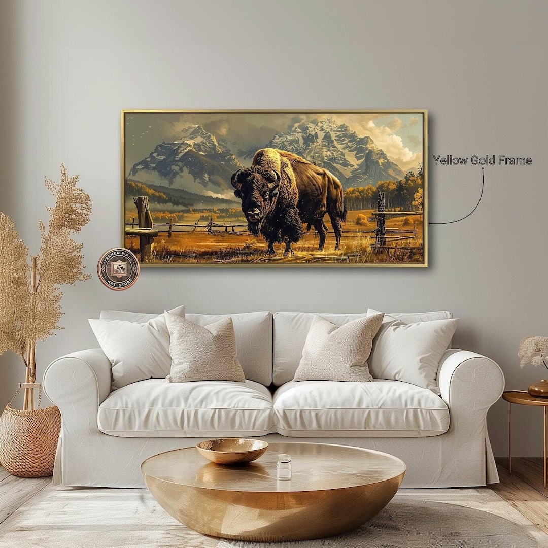 Bison Grazing in Fields Framed Canvas Print Snowy Mountains Landscape ...