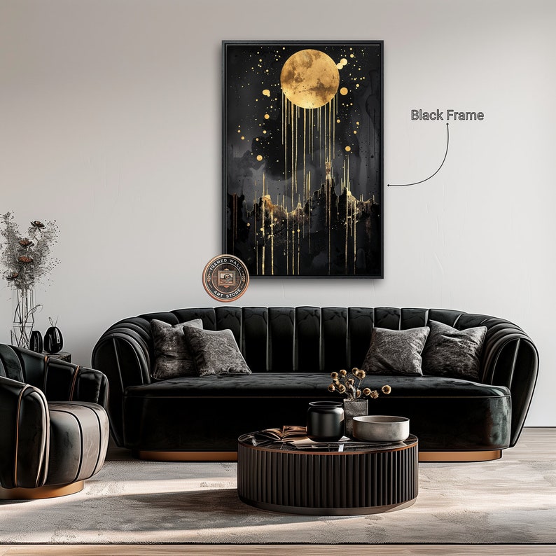 Abstract Gold Moon Framed Canvas Print Black Night Sky Canvas Wall Art ...