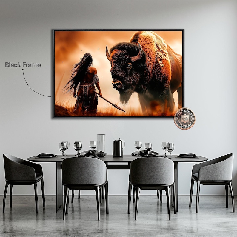 Powerful Warrior and Buffalo Framed Canvas Wall Art Native American Art Print Inspirational Wall Decor Bison Large Poster Ready to Hang Gift image 1