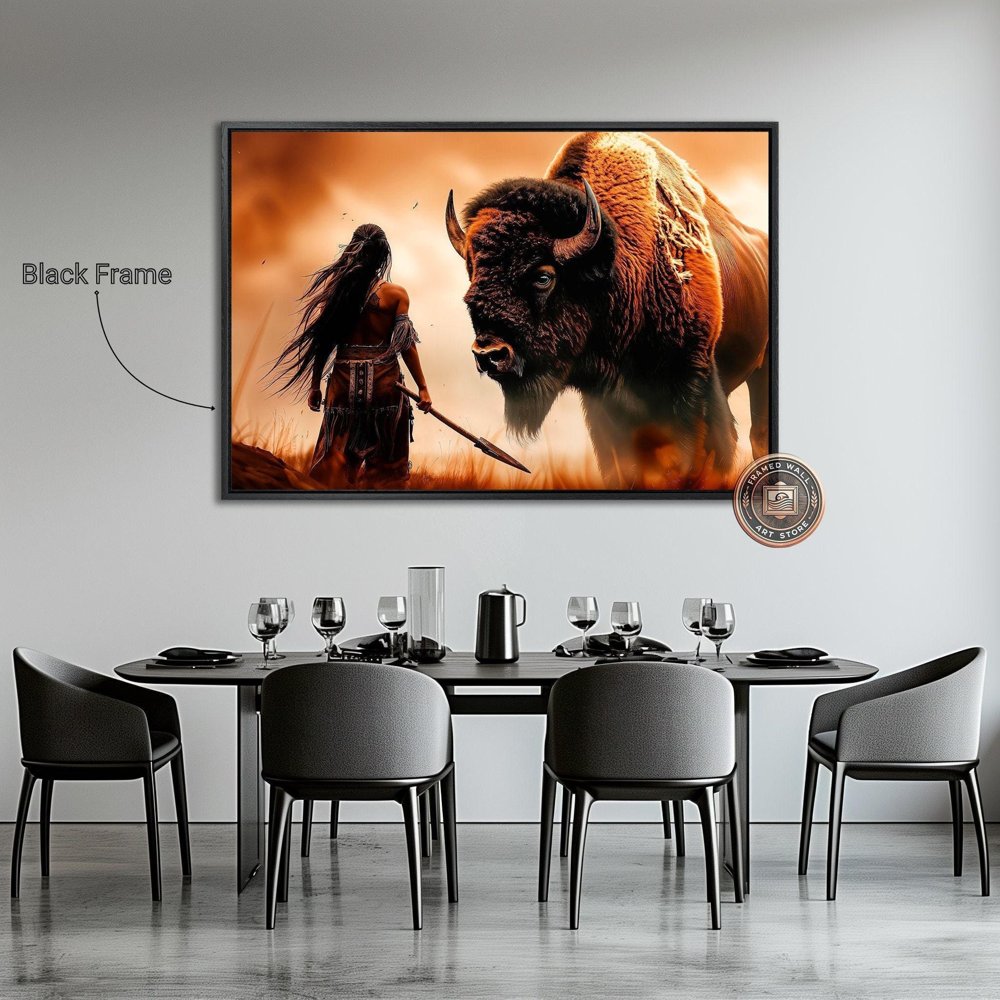 Powerful Warrior and Buffalo Framed Canvas Wall Art Native American Art Print Inspirational Wall Decor Bison Large Poster Ready to Hang Gift