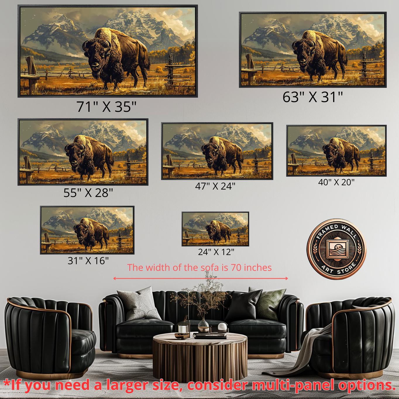 Bison Grazing in Fields Framed Canvas Print Snowy Mountains Landscape ...