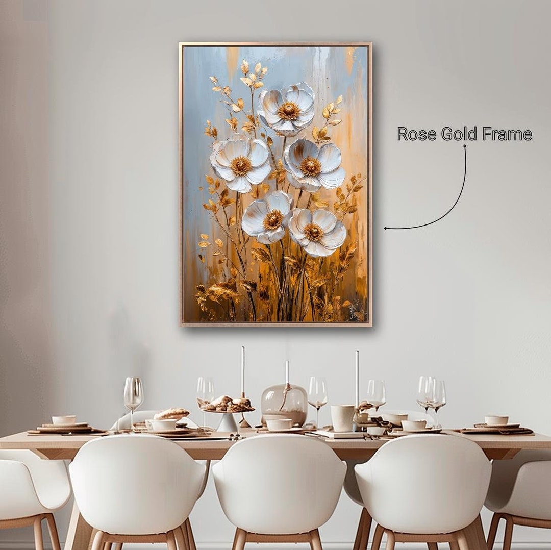 Elegant White Flowers Framed Canvas Wall Art Abstract Floral Still Life ...