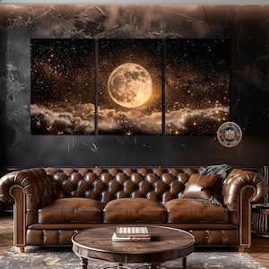 Luna llena en cielo estrellado nocturno, lienzo enmarcado, arte de pared, impresión enmarcada grande celestial, decoración de pared espacial, nubes oscuras, obra de arte ancha lista para colgar Gallery Wrap 3 Panel