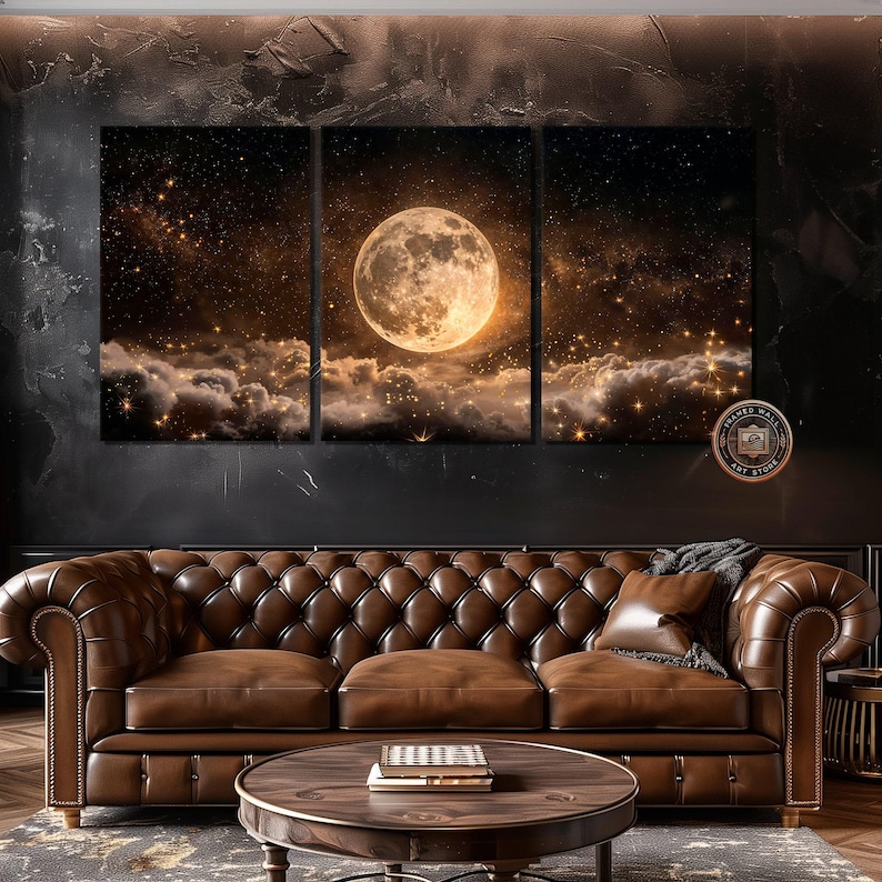 Luna llena en cielo estrellado nocturno, lienzo enmarcado, arte de pared, impresión enmarcada grande celestial, decoración de pared espacial, nubes oscuras, obra de arte ancha lista para colgar Gallery Wrap 3 Panel