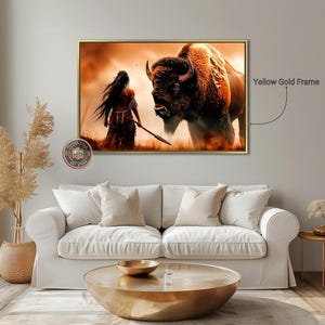 Powerful Warrior and Buffalo Framed Canvas Wall Art Native American Art Print Inspirational Wall Decor Bison Large Poster Ready to Hang Gift Yellow Gold Frame