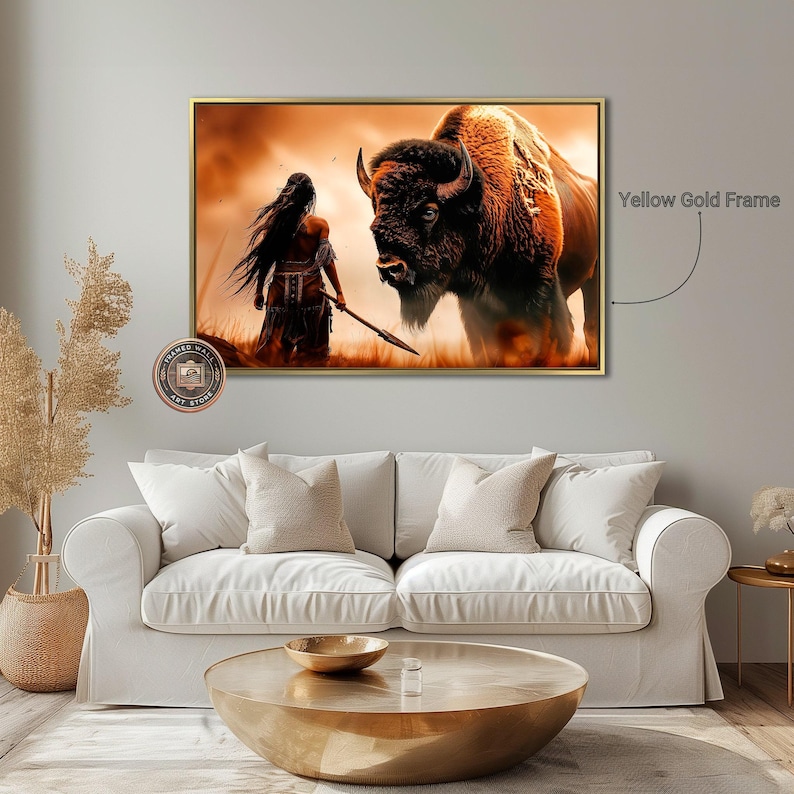 Powerful Warrior and Buffalo Framed Canvas Wall Art Native American Art Print Inspirational Wall Decor Bison Large Poster Ready to Hang Gift Yellow Gold Frame