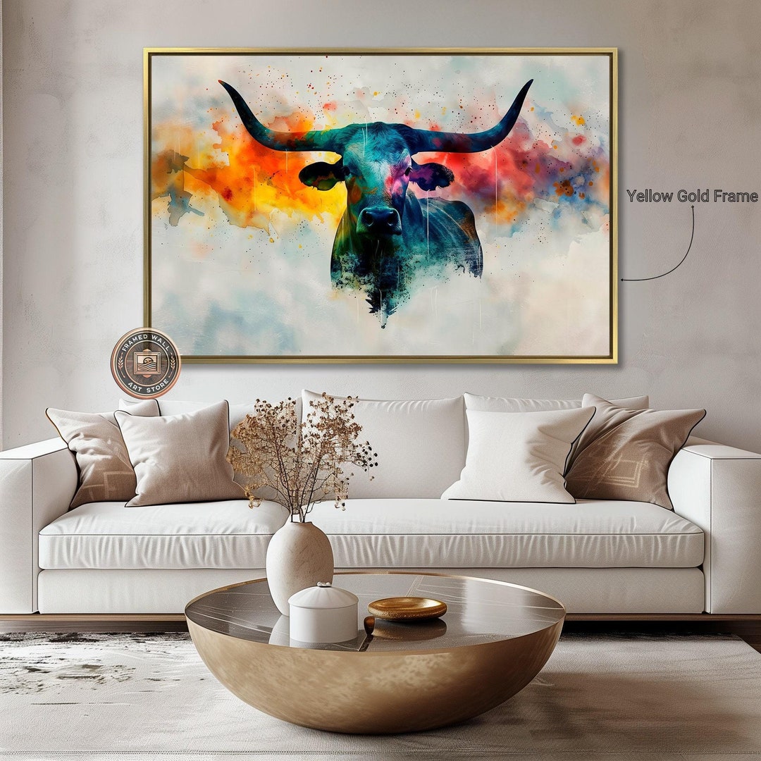 Abstract Longhorn Bull Framed Canvas Wall Art Vibrant Cattle Painting ...