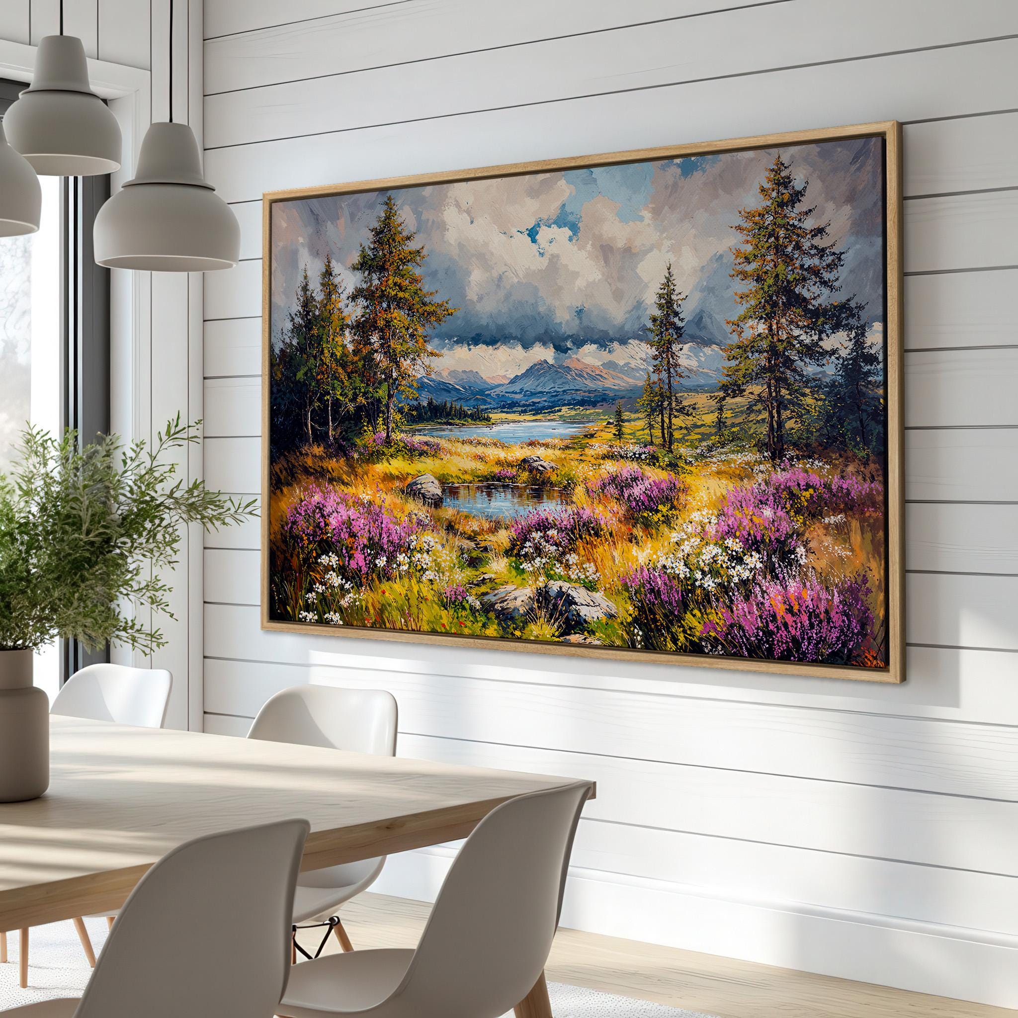 Panoramic Landscape with Mountain Lake - Framed Canvas Print, Wildflowers Meadow Canvas Wall Art Decor, Nature Lover Gift, Ready to Hang