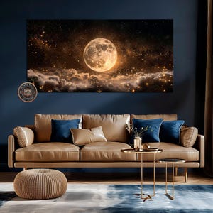 Luna llena en cielo estrellado nocturno, lienzo enmarcado, arte de pared, impresión enmarcada grande celestial, decoración de pared espacial, nubes oscuras, obra de arte ancha lista para colgar Gallery Wrap 1 Panel