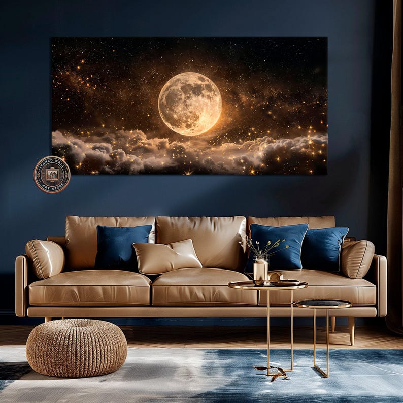 Luna llena en cielo estrellado nocturno, lienzo enmarcado, arte de pared, impresión enmarcada grande celestial, decoración de pared espacial, nubes oscuras, obra de arte ancha lista para colgar Gallery Wrap 1 Panel