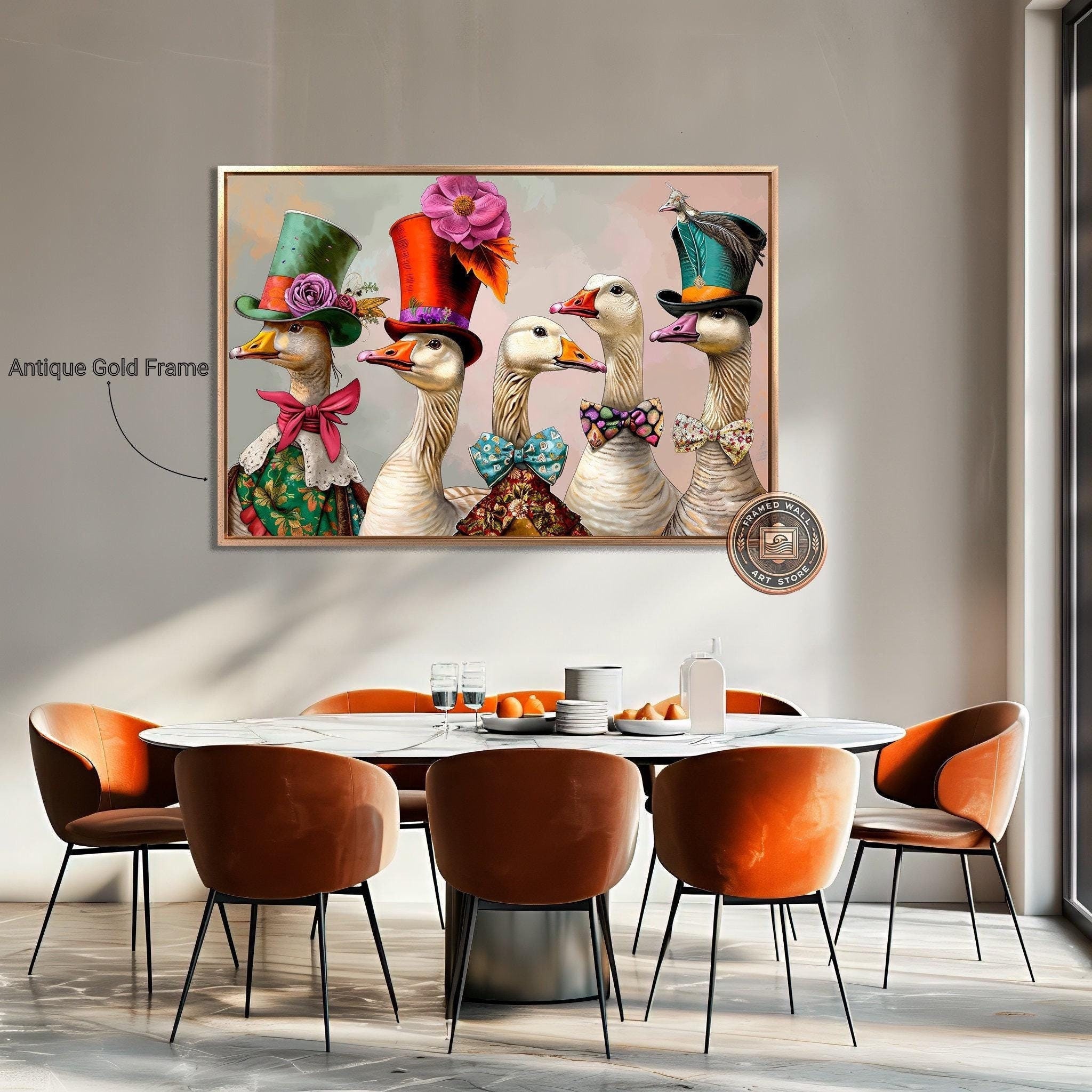 Fashionable Victorian Geese in Hats Framed Canvas Wall Art Whimsical Birds Painting Print Quirky Animal Wall Decor Ready to Hang Gift Idea
