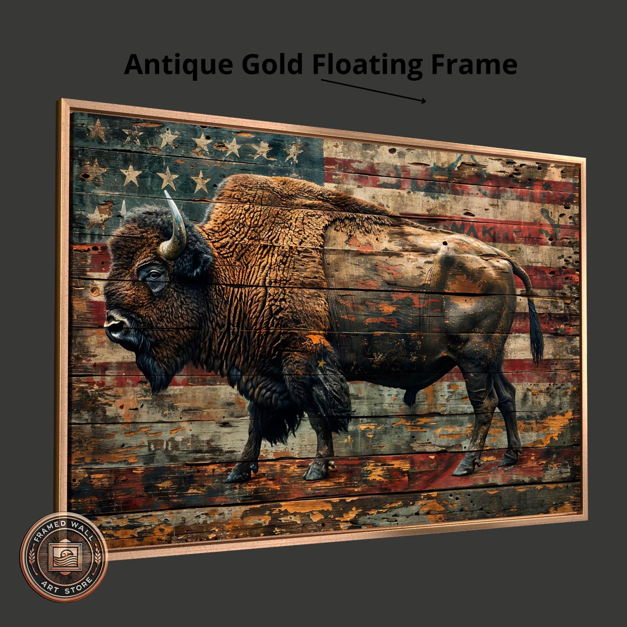 American Bison in Rustic Style Framed Canvas Wall Art Patriotic ...