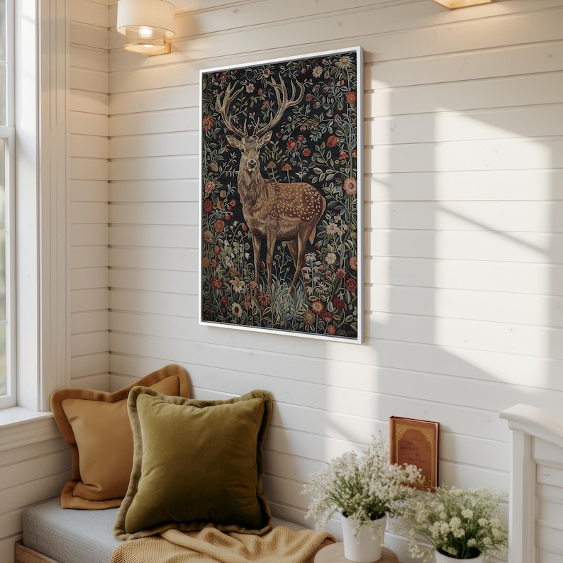 Majestic Stag in Stunning Flowers - Framed Canvas Print, Bohemian Floral Canvas Wall Art, Elegant Deer - Wildlife Wall Decor, Ready to Hang White Frame