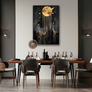 Abstract Gold Moon Framed Canvas Print Black Night Sky Canvas Wall Art ...