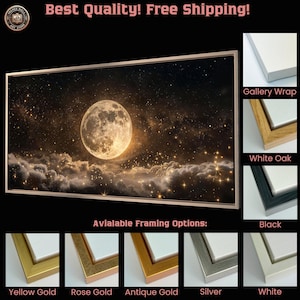 Luna llena en cielo estrellado nocturno, lienzo enmarcado, arte de pared, impresión enmarcada grande celestial, decoración de pared espacial, nubes oscuras, obra de arte ancha lista para colgar imagen 3