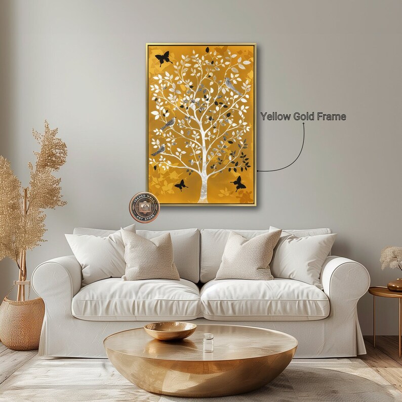 Birds and Black Butterflies Framed Canvas Wall Art Abstract Tree Art
