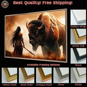 Powerful Warrior and Buffalo Framed Canvas Wall Art Native American Art Print Inspirational Wall Decor Bison Large Poster Ready to Hang Gift image 3