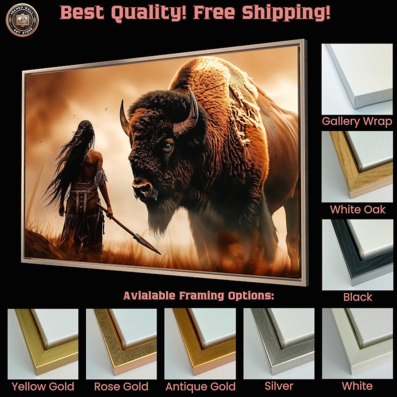 Powerful Warrior and Buffalo Framed Canvas Wall Art Native American Art Print Inspirational Wall Decor Bison Large Poster Ready to Hang Gift image 3