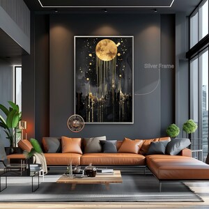 Abstract Gold Moon Framed Canvas Print Black Night Sky Canvas Wall Art ...