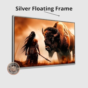 Powerful Warrior and Buffalo Framed Canvas Wall Art Native American Art Print Inspirational Wall Decor Bison Large Poster Ready to Hang Gift Silver Frame