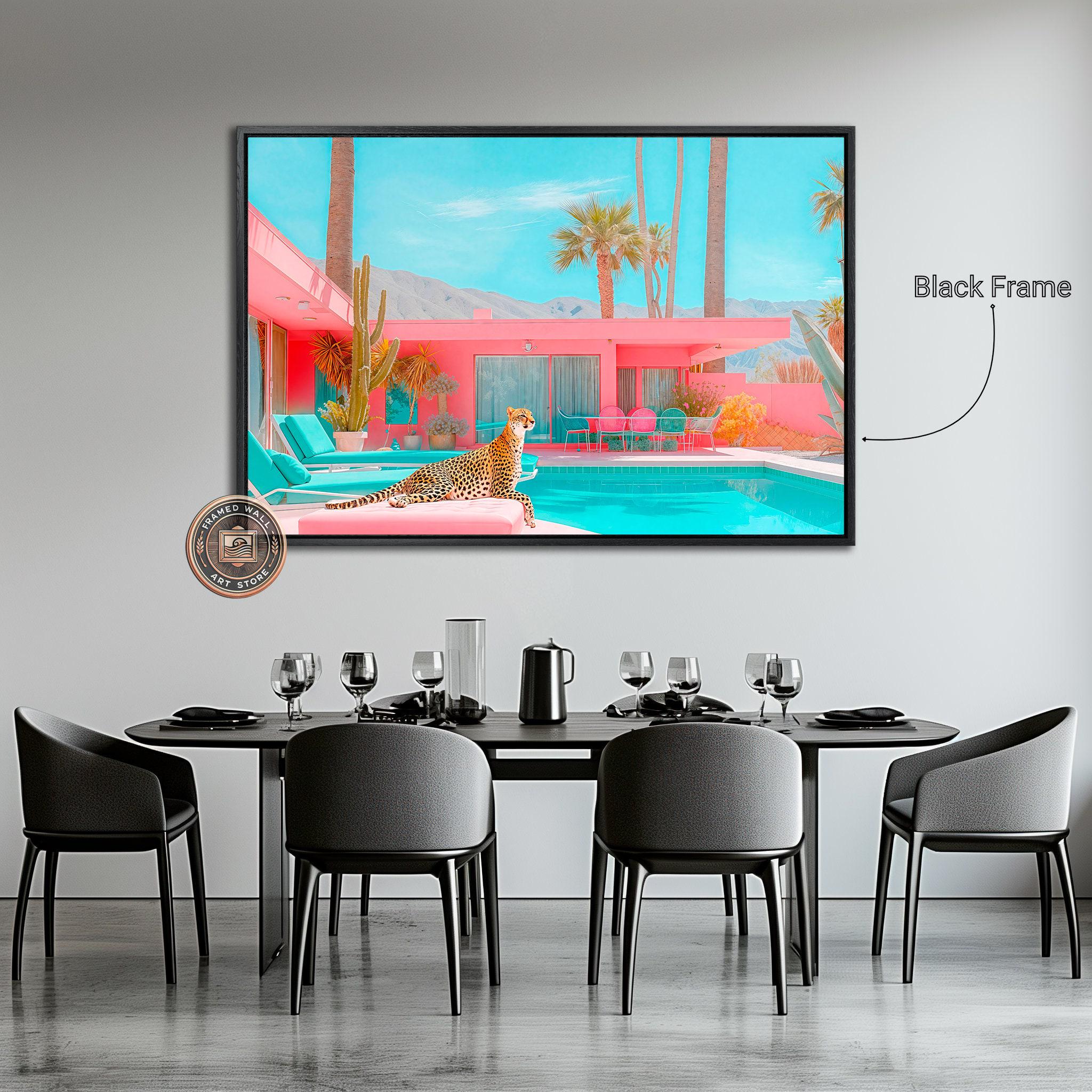 Cheetah by the Pool Framed Canvas Wall Art Palm Springs Pink House Print Mid Century Modern Wall Decor Large Chic Retro Poster Ready to Hang