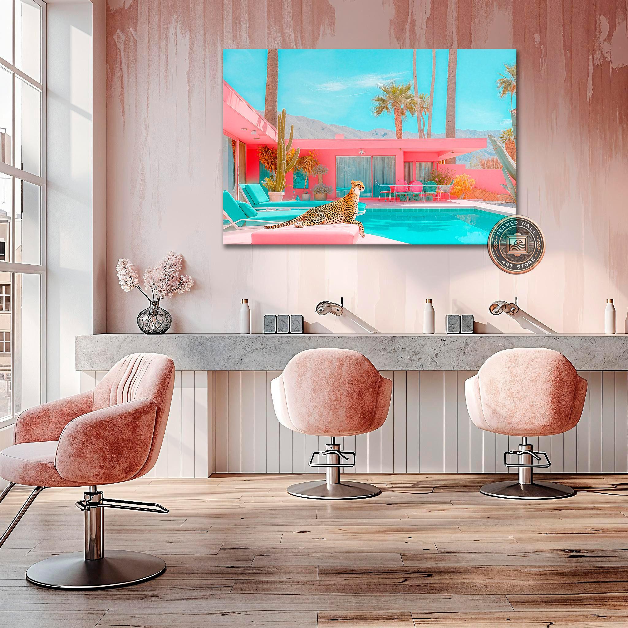 Cheetah by the Pool Framed Canvas Wall Art Palm Springs Pink House Print Mid Century Modern Wall Decor Large Chic Retro Poster Ready to Hang