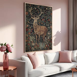 Majestic Stag in Stunning Flowers - Framed Canvas Print, Bohemian Floral Canvas Wall Art, Elegant Deer - Wildlife Wall Decor, Ready to Hang Rose Gold Frame