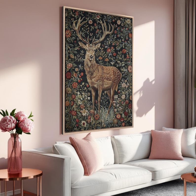 Majestic Stag in Stunning Flowers - Framed Canvas Print, Bohemian Floral Canvas Wall Art, Elegant Deer - Wildlife Wall Decor, Ready to Hang Rose Gold Frame