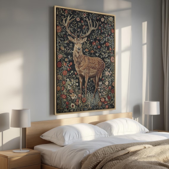 Majestic Stag in Stunning Flowers - Framed Canvas Print, Bohemian Floral Canvas Wall Art, Elegant Deer - Wildlife Wall Decor, Ready to Hang