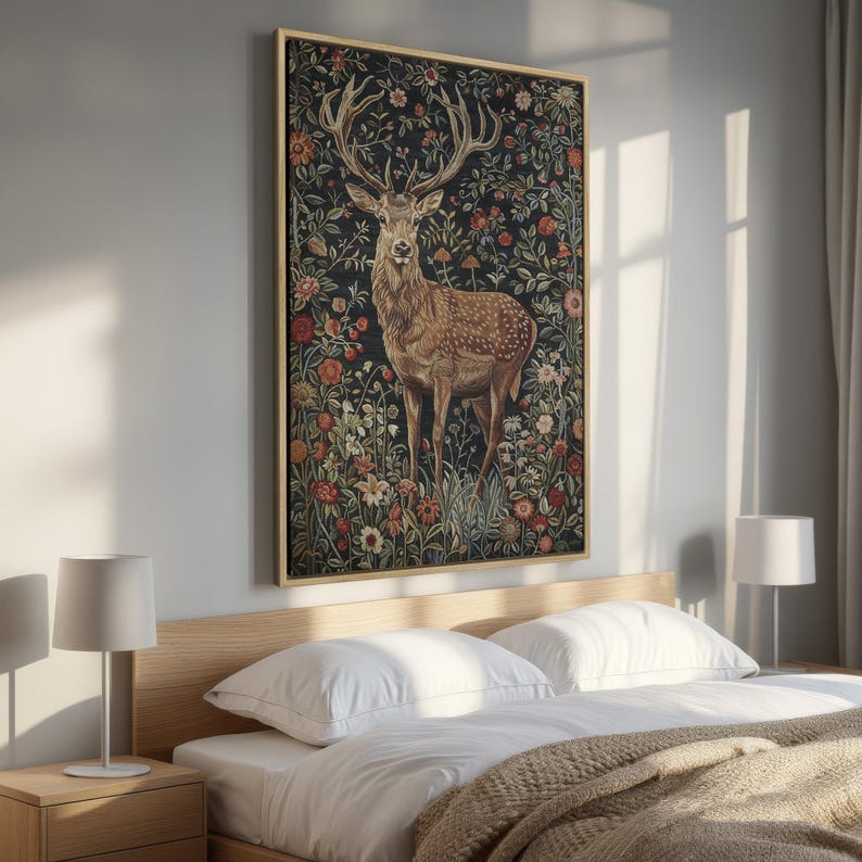 Majestic Stag in Stunning Flowers - Framed Canvas Print, Bohemian Floral Canvas Wall Art, Elegant Deer - Wildlife Wall Decor, Ready to Hang image 1