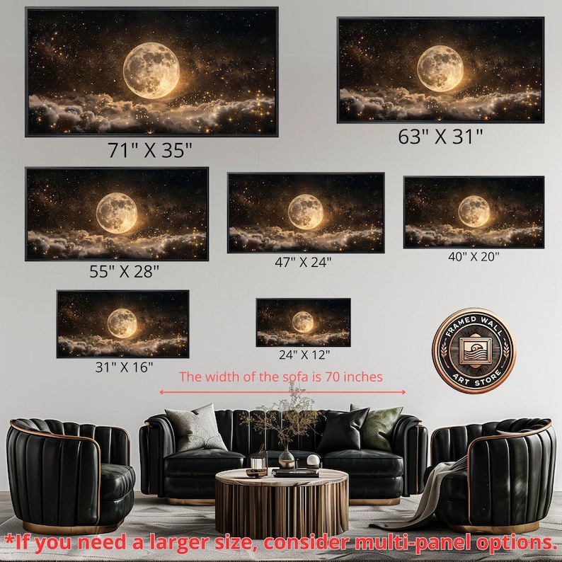 Luna llena en cielo estrellado nocturno, lienzo enmarcado, arte de pared, impresión enmarcada grande celestial, decoración de pared espacial, nubes oscuras, obra de arte ancha lista para colgar imagen 5
